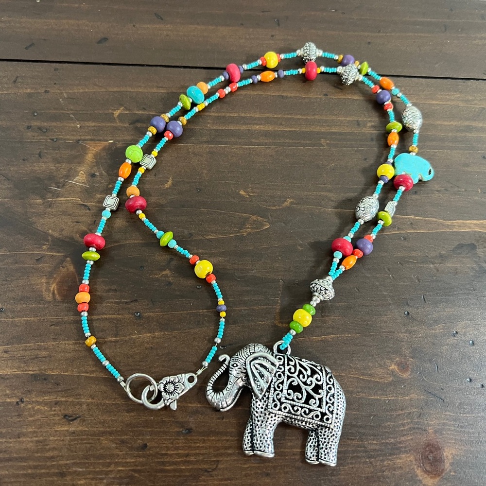 Silver Elephant Pendant Beaded Necklace with Turquoise and Multicolor Accents